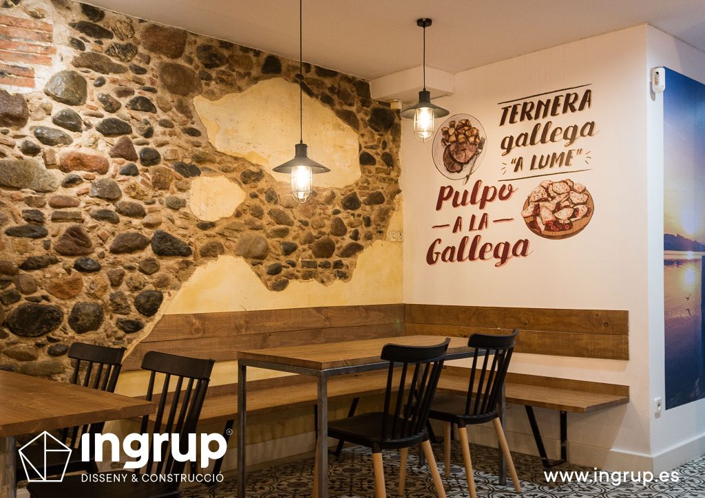 intro ingrup estudi obra y construccion diseno reforma granollers barcelona gastrobar encontros detalle rincon con banco de madera